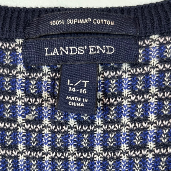 Lands' End Women's Cardigan Blue White Geometric Pattern L/T (14-16) 100% Supima - Picture 2 of 16
